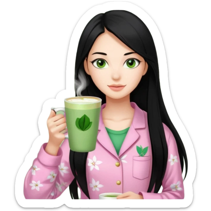 a 18 year old woman pin straight long black hair green eyes pink Victoria secret pjs with matcha sticker