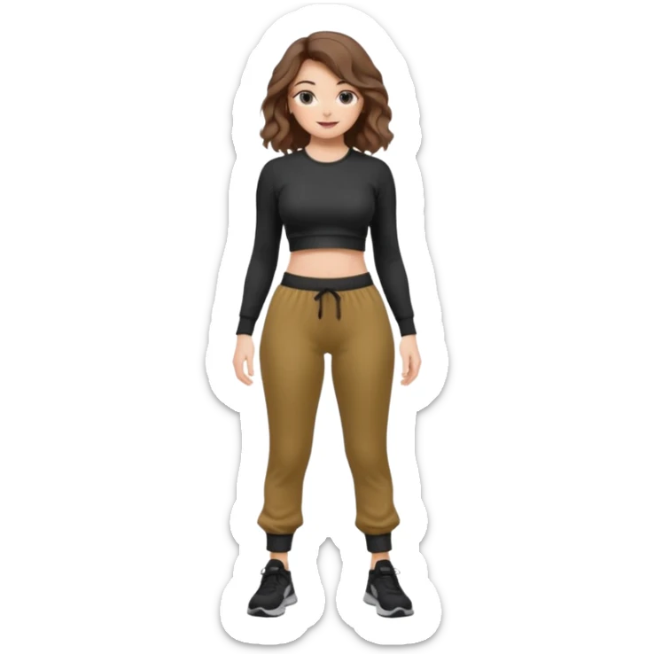 Girl with brown wavy hair, dream body ( small waist, wild hips and big glute) in black long sleev sticky top, grey jogger sticker