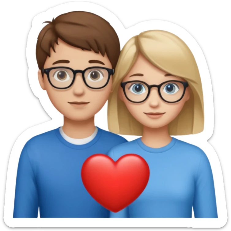 two young lovers, a heart in the middle, boy with brown hair and glasses, girl blonde with blue eyes without glasses, emoji style sticker