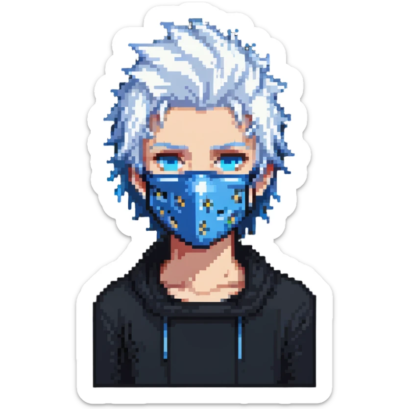 teenager with blue mask, spiky white hair, standing sticker