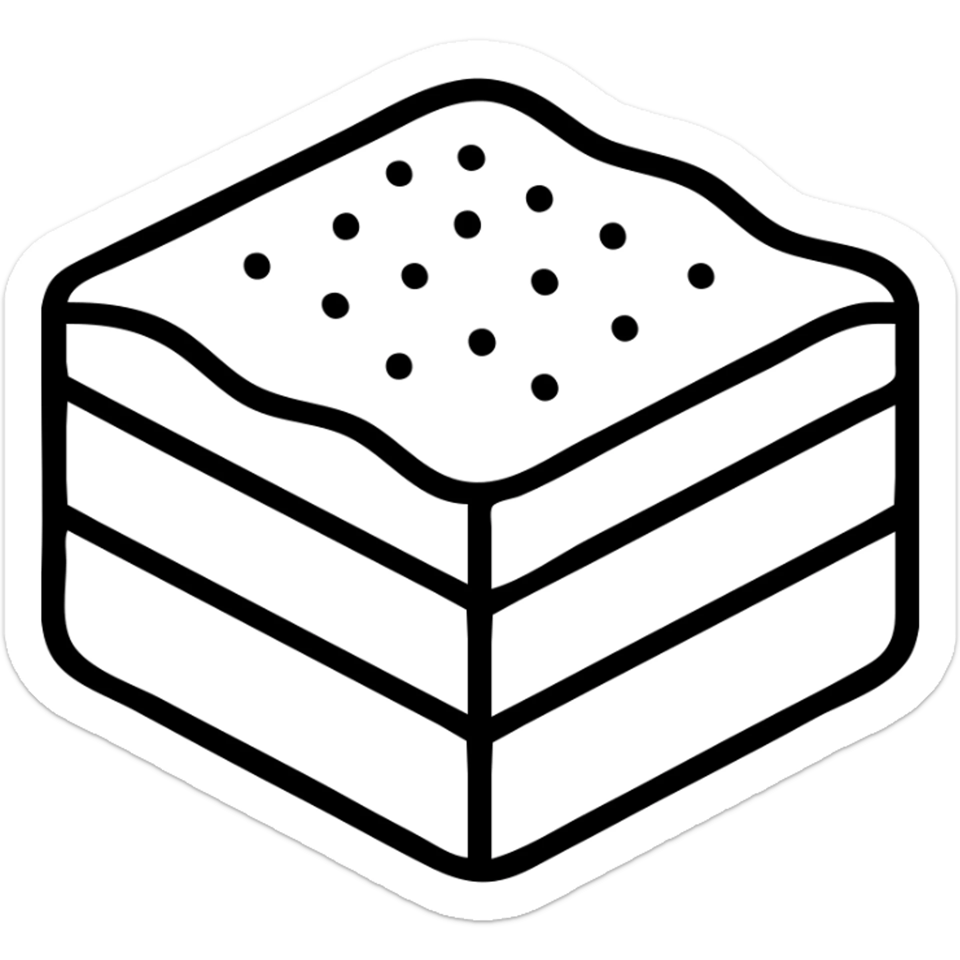 A piece of tiramisu with cocoa powder on top and visible layers sticker