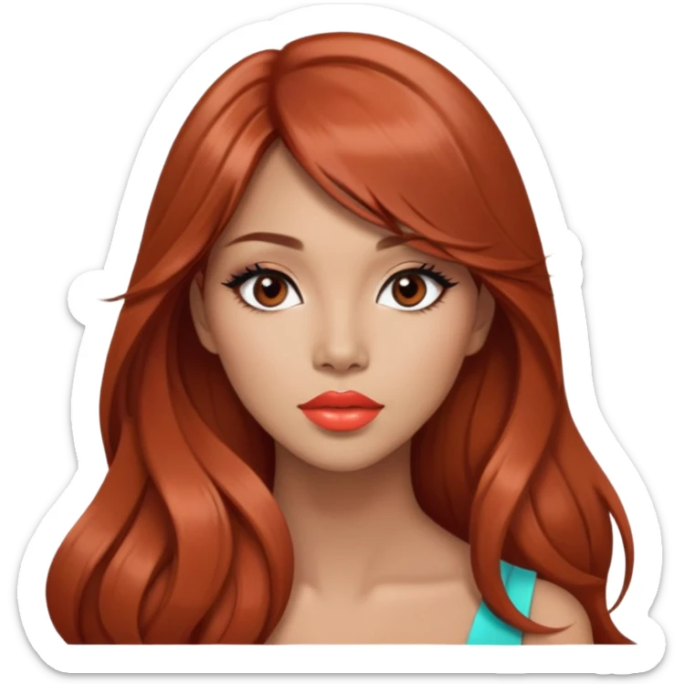 gorgeous woman, light tan skin, very long auburn hair, side bangs, black eyes, coral lipstick, model, latina, asian, mixed sticker