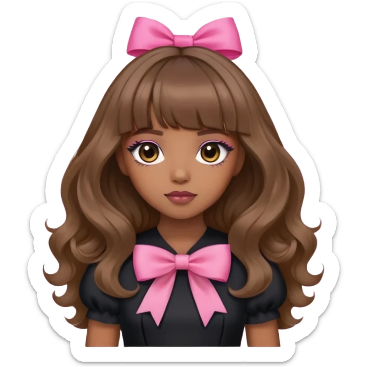 light brown skin, wavy long hair with curtain bangs and douyin makeup and a pink bow on hair,  black dress. sticker