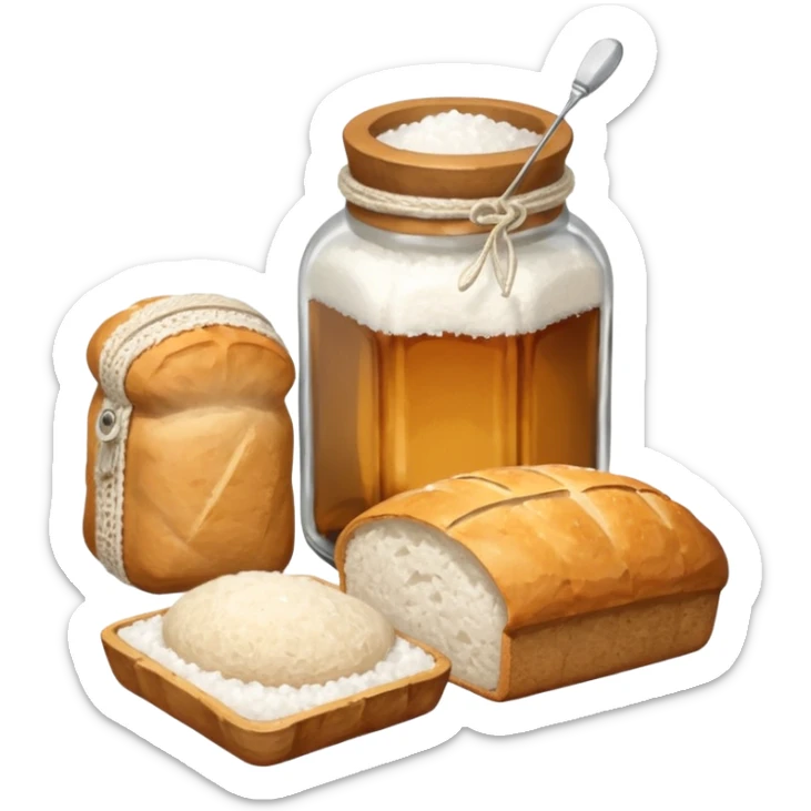 a one victorian bottle of salt and a loaf of bread - a bread bag, crochet needles and a ball of wool sticker