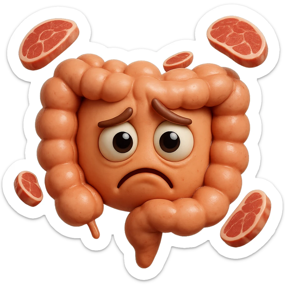 emoji stile iphone in 3d di un intestino triste con fette di carne che gli fluttuano intorno, gli occhi falli con la parte bianca pure, iperrealistico 4k sticker