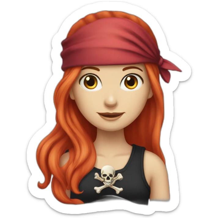 Woman long red platted hair hair only on one side of head, pirate hat. One side of head has no hair. Blue eyes. skull and crossbones t shirt sticker