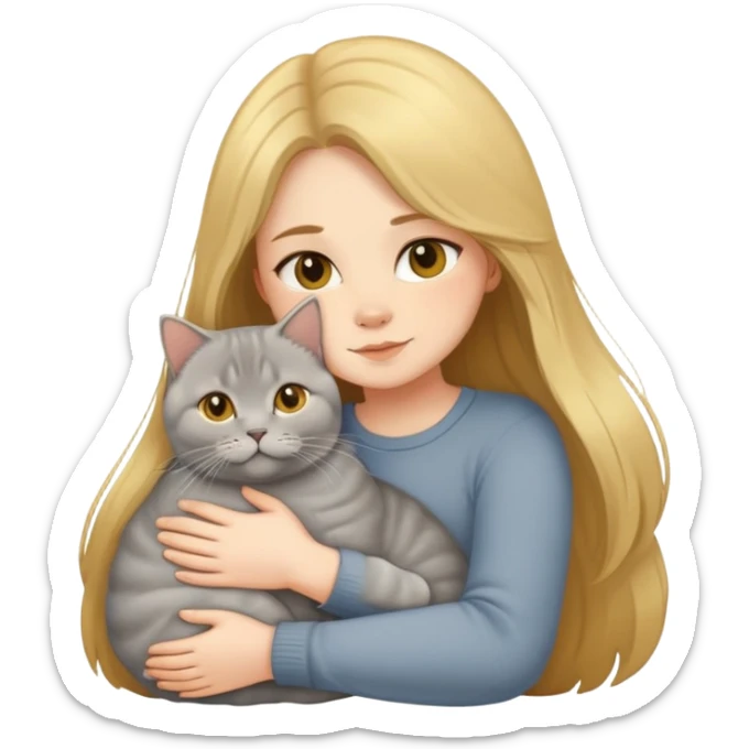 A long-haired girl hugs a Golden Shaded British shorthair sticker