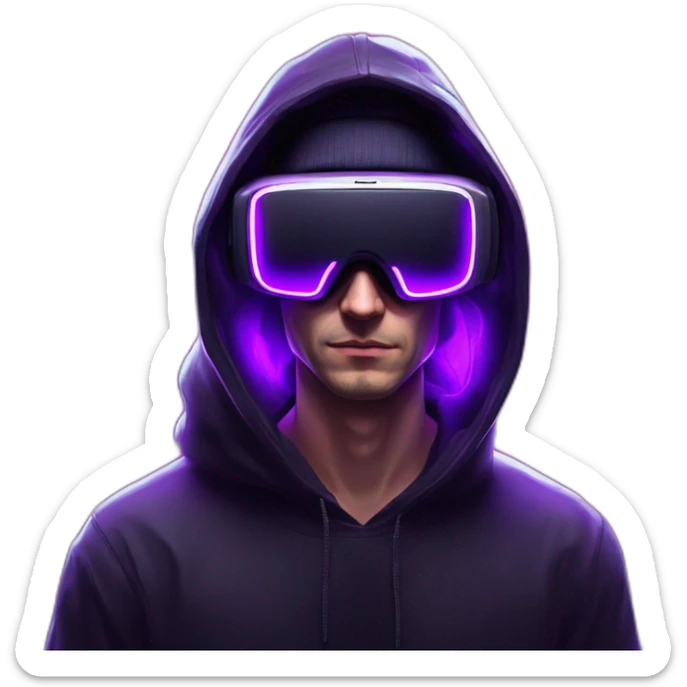 Russian man in the black hoody with violet OMG VR logo on it wearing vr headset. Cyberpunk style. Violet neon. sticker
