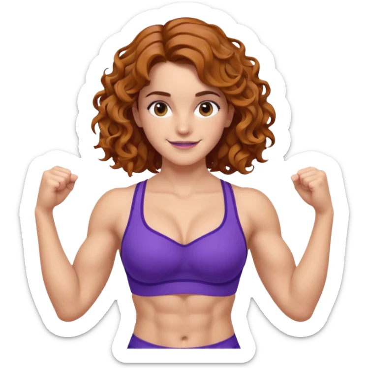 big biceps, muscled torso, very beautiful italian happy girl, looking like Emma Watson, with wavy curly bright hazelnut hair, dressed in violet bra sports outfit, very muscled sticker