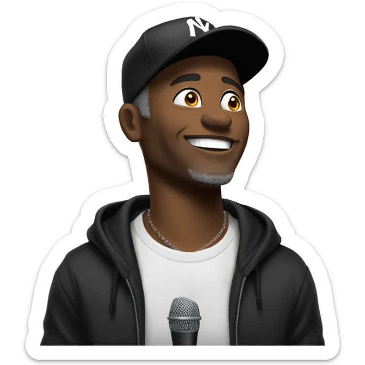 Middle-Aged Black Male In a black hoodie and NY cap, he holds the mic close, gazing upwards with a bright smile. His casual style and confident look capture the spirit of urban music. sticker