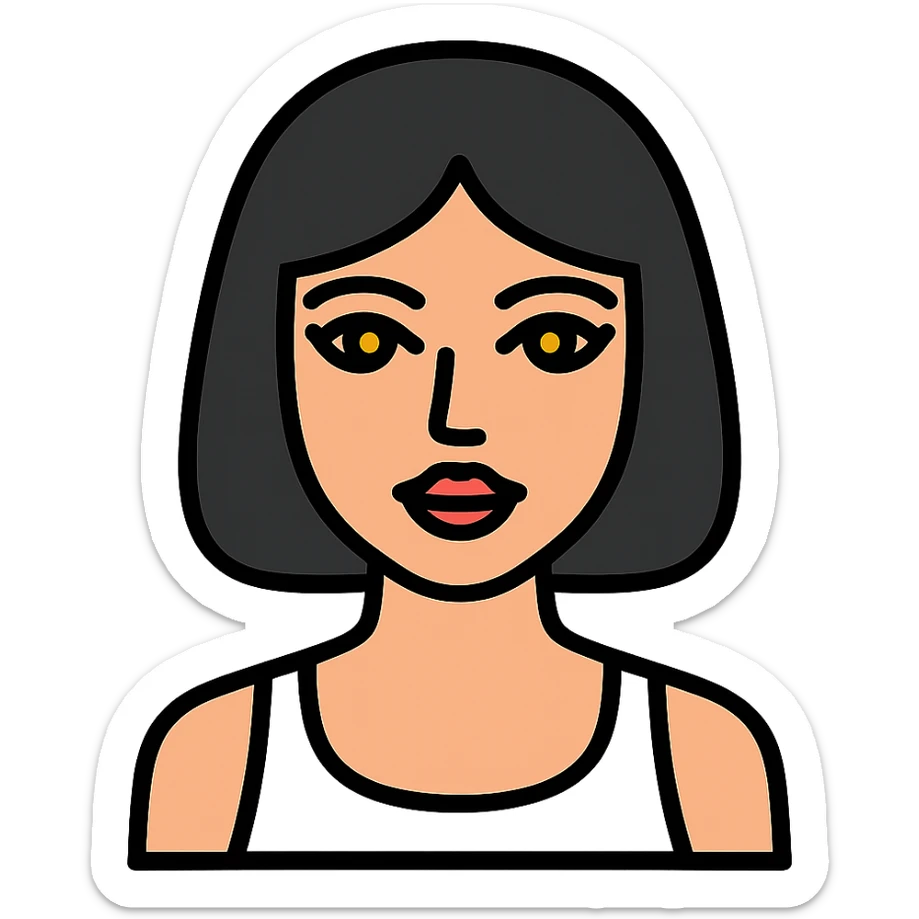 A pretty girl with black straight bob hair. She has hazel eyes with black eyeliner. She has plump red lips. She is wearing a white tank top sticker
