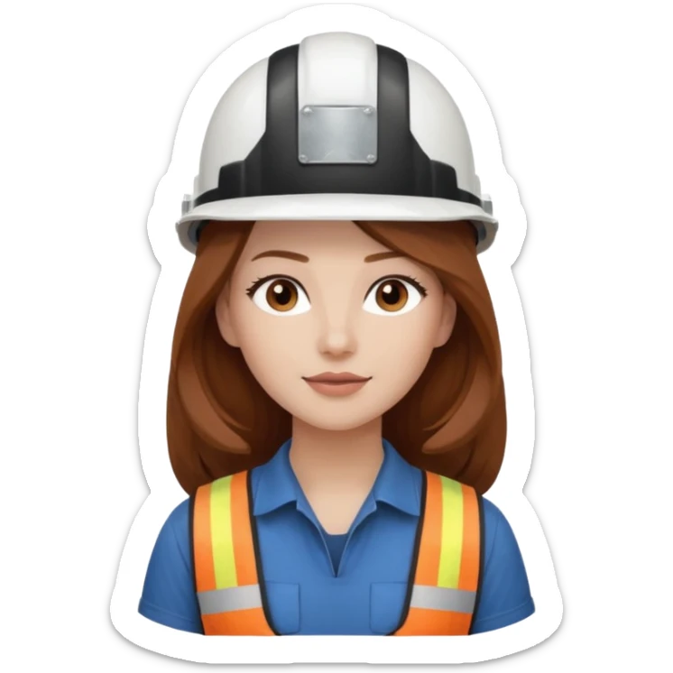 Waist-up girl wearing a white construction helmet. She has on a dark brown t-shirt. Her hair is very long and chestnut-colored. She has brown eyes with light makeup, rosy cheeks, and glossy lips. sticker