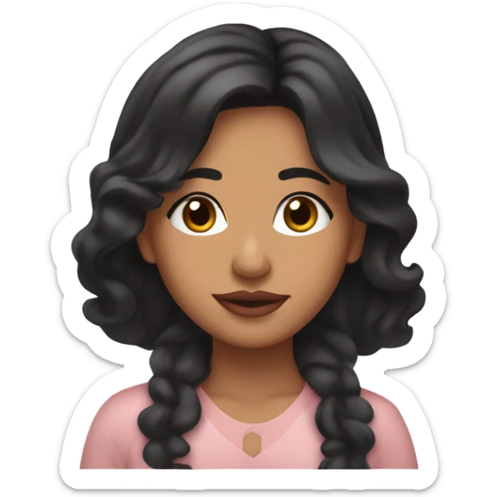 A South Asian girl with skin, black wavy hair between her chin and shoulder and pale pink lips sticker