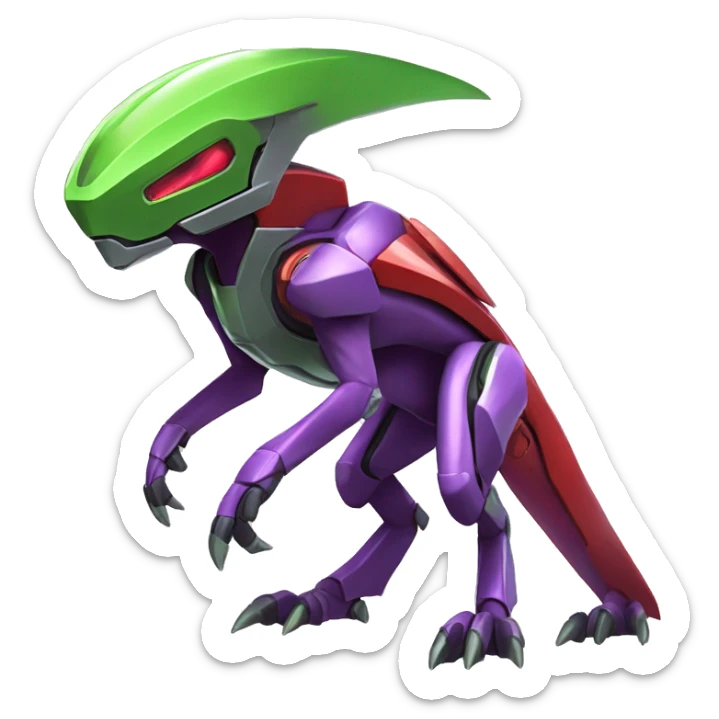 a shiny purple-green-red Genesect-Raptor-Fakémon—hybrid with a futuristic visor-helmet full body sticker