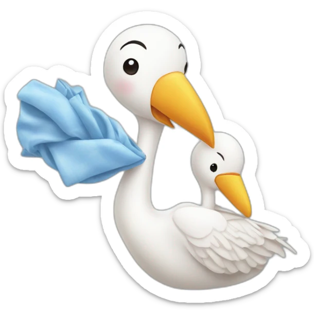 stork delivering a white human baby boy in fabric held in its beak you can see the baby head from the fabric with a smile sticker