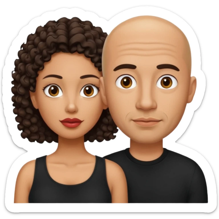 A picture of a tanned couple. the man is a Mexican man with tanned skin, a bald hair cut, short beard and wearing a black shirt. the woman is mixed, with curly medium length hair, with big boobs and lips  sticker