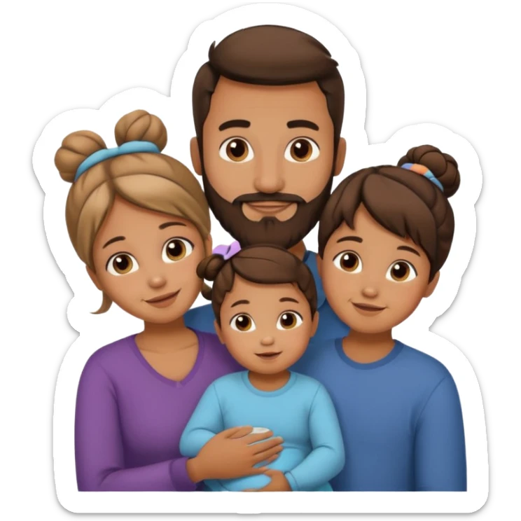 brown family of 5. mom has bun. dad has beard. teenage daughter. toddler son. and baby sticker
