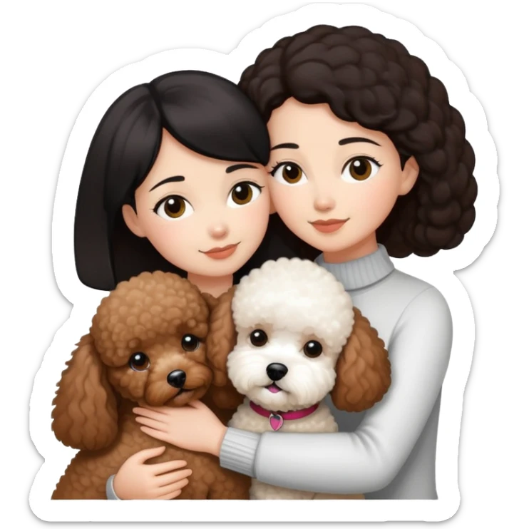 Woman with short black straight hair hugging a brown poodle and a white bichon frise sticker