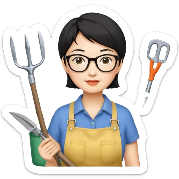 please create an Emojis for an Asian mid-age lady, short black hair, ware glasses, small face, medium size of eyes in black. she loves gardening sticker