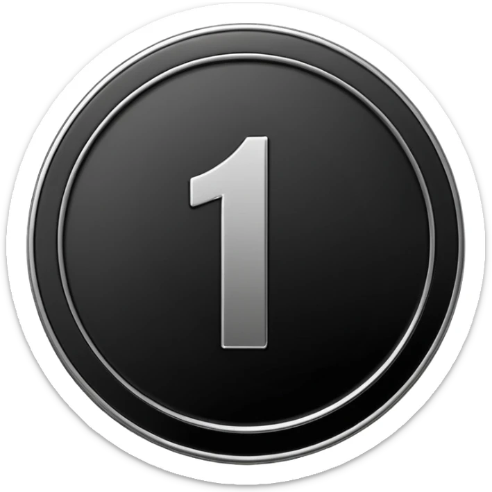 Emoji icon of a black coin with engraved number 1, minimalist style, isolated sticker