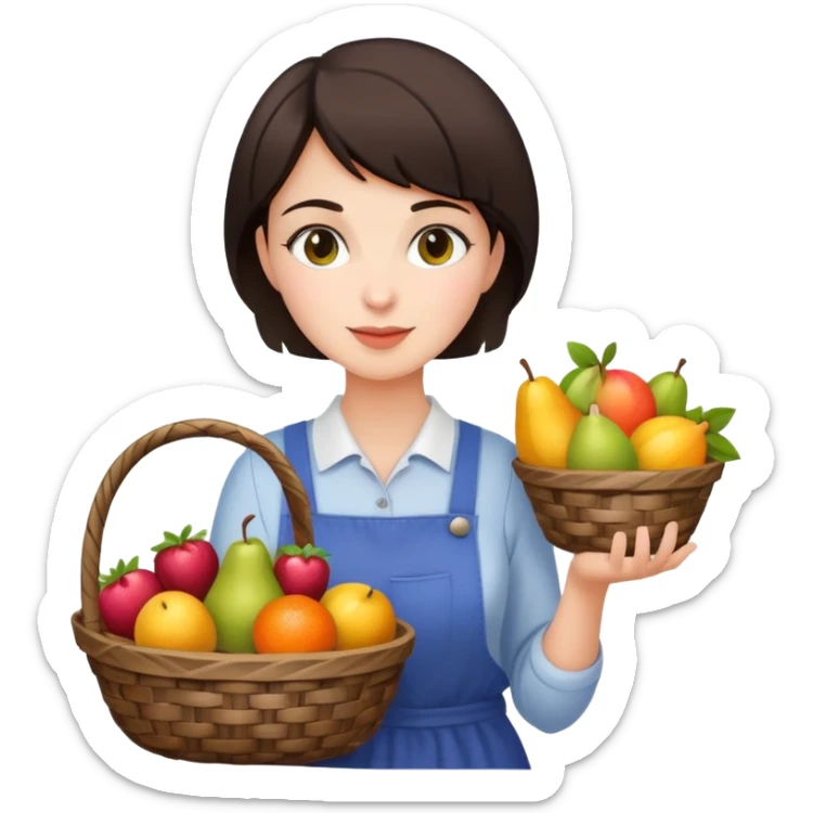 A short haired brunette girl who works as a shopkeeper that loves fruits and sells fruits sticker