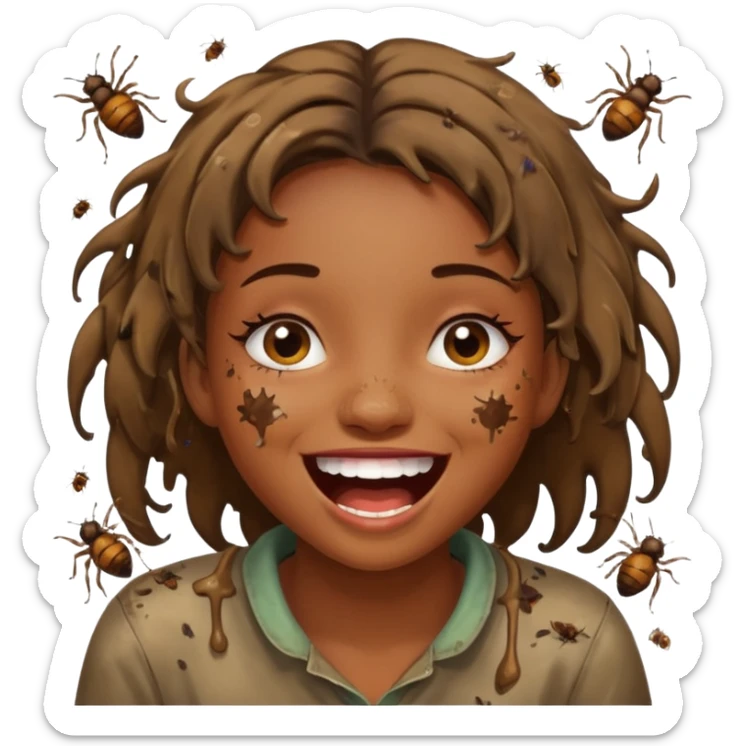 Fille en caca habillée en caca qui pu et pleure de rire avec des mouches autour sticker