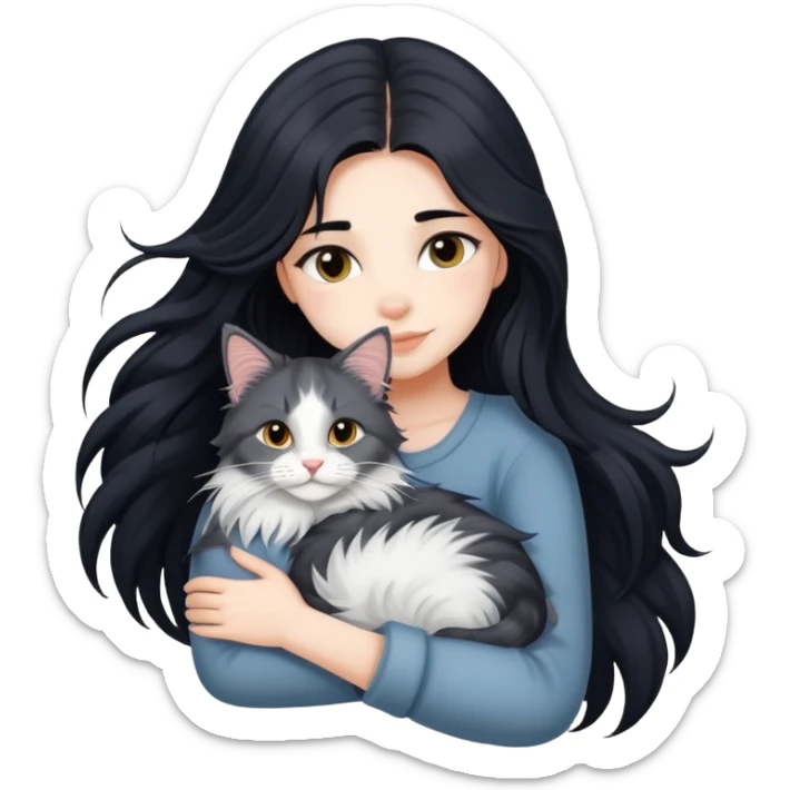 A beautiful girl with fair skin and long black hair hugs a Maine Coon girl sticker