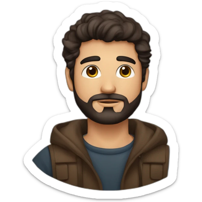 hombre moreno oscuro, fornido, de cabello corto canoso, ojos marrones, cejas pobladas gruesas, barba canosa con sueter sticker