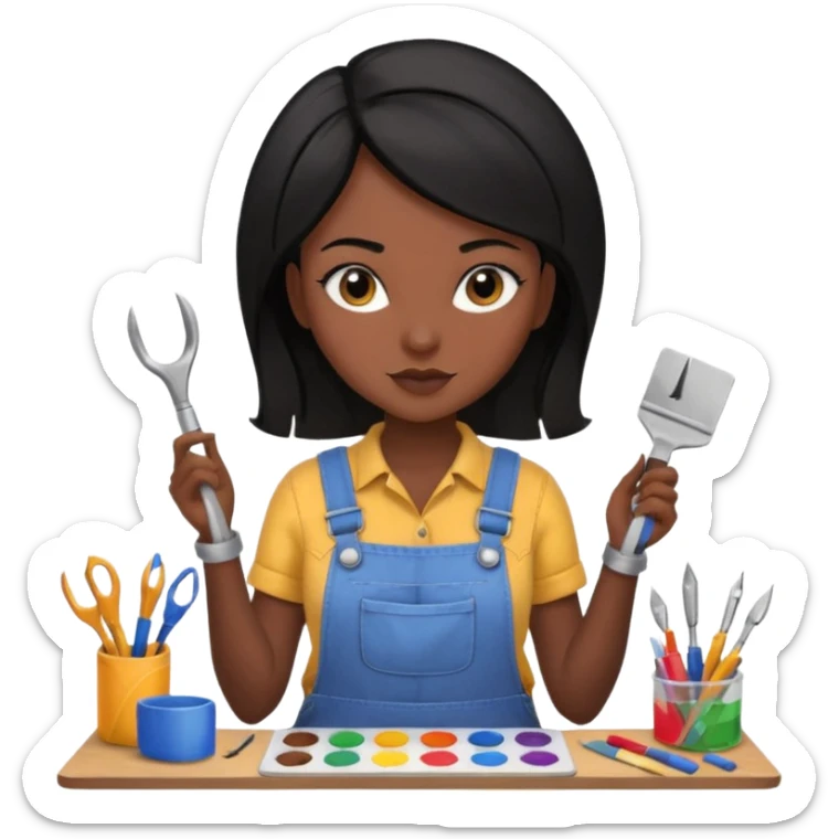 Créame emoji de una mujer que sea diseñadora industrial, pelo negra, piel morena, femenina con overol y una paleta de colores o herramientas de taller piel oscura chocolate  sticker