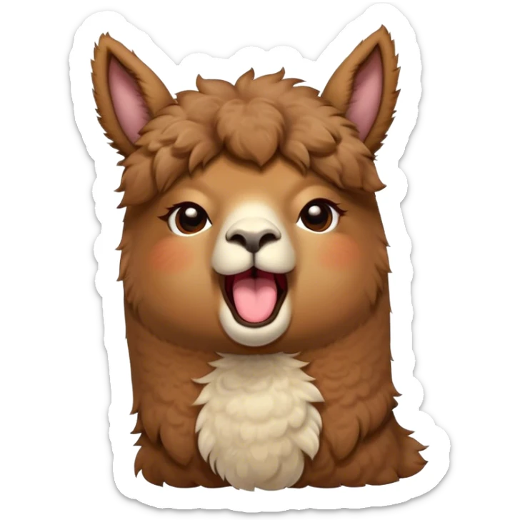 Cinematic Cute Yawning Brown Alpaca Portrait Emoji, Head tilted slightly with a dramatic, wide-open yawn, showcasing a soft, plush brown fleece with gently drooping ears, round warm eyes barely open in drowsy contentment, Simplified yet irresistibly adorable features, highly detailed, glowing with a soft, cozy glow, high shine, relaxed yet expressive, stylized with a touch of whimsy, bright and endearing, soft glowing outline, capturing the essence of a sleepy yet affectionate alpaca, so drowsy it feels like it could stretch out of the screen and curl up for a nap! sticker