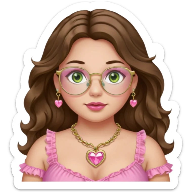 Girl girl with middle parted long wavy brown hair. green gold eyes. Plus size. pink frilly top. gold nose ring. pink heart crystal necklace. Gold rimmed glasses sticker
