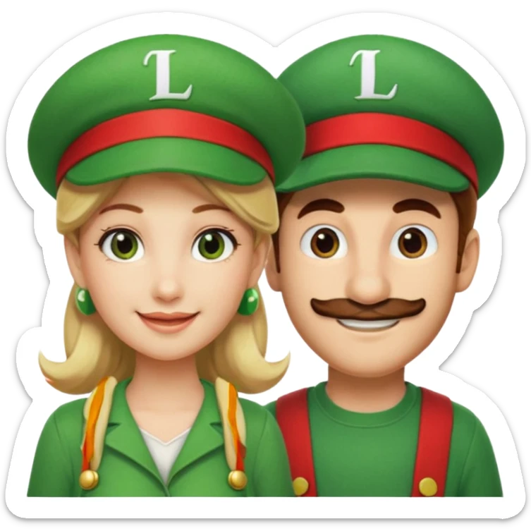 blonde female Luigi (with the Luigi green hat with an L on it) and a normal brown hair male Mario with the red hat with a M on it. They are friends just smiling. This video game sticker