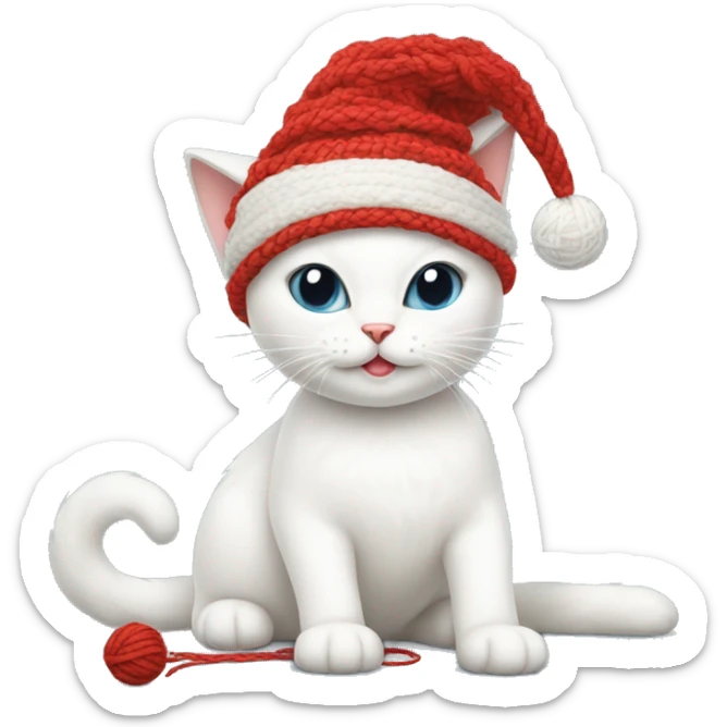 white cat wearing a christmas hat playing with a ball of red yarn sticker