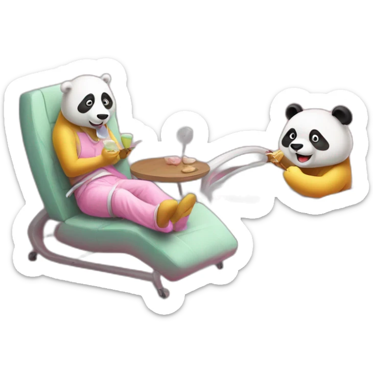 a yellow chinese panda eating icecream in a pink dirty bedroom with a person on a white chair and medical equipment sticker