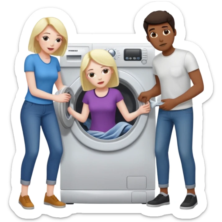 Eine Frau mit dem in der Waschmaschine feststeckt und zwei Männer die hinten an ihr ziehen um ihr zu helfen  sticker