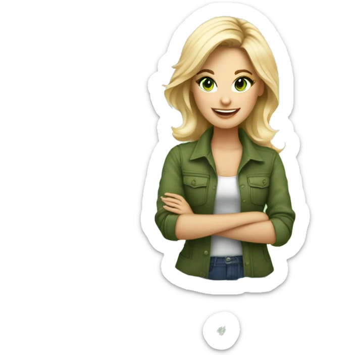 interior designer girl with blond hair to her chest and green eyes, surrounded by her design tools for creating interior design. happy about feedback from clients or talking to a client sticker