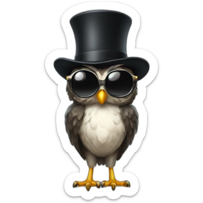 owl with long curly black hair wearing a tophat and sunglasses sticker
