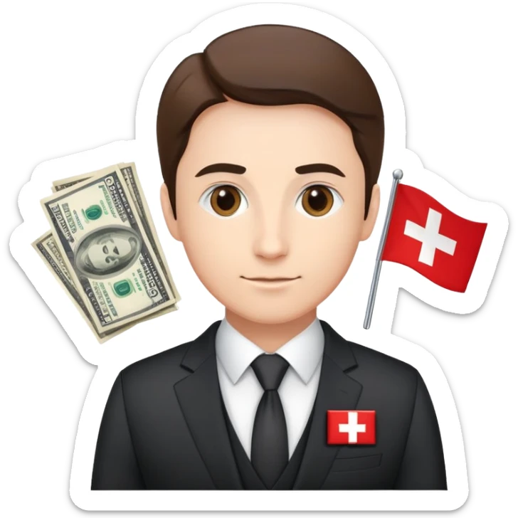 Swiss financial expert with business suit, Swiss flag pin, charts and money sticker