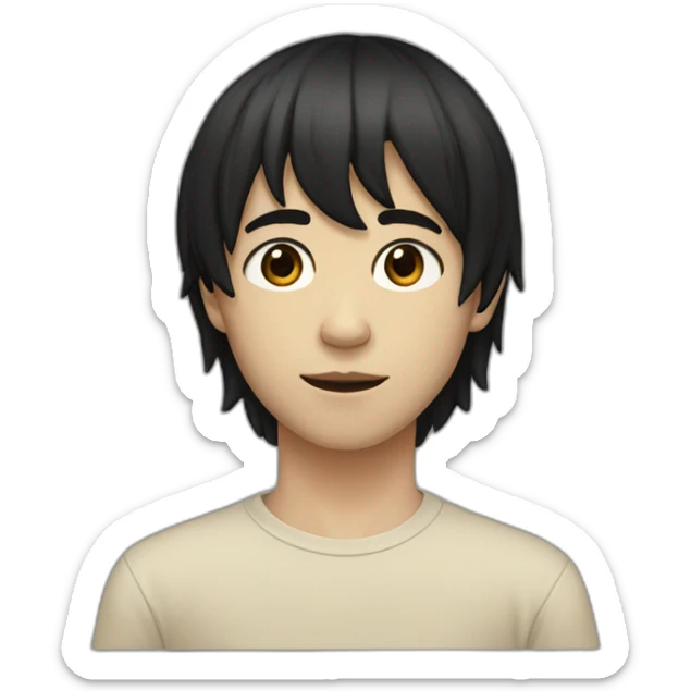 realistic teenager with white skin.  he has very black hair.  He has bangs to the right, his eyes are black, he also has a beige T-shirt, he is tall, he has an elongated neck and head sticker