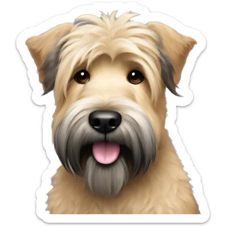 Wheaten terrier with long fluffy hair, black ears and black chin sticker