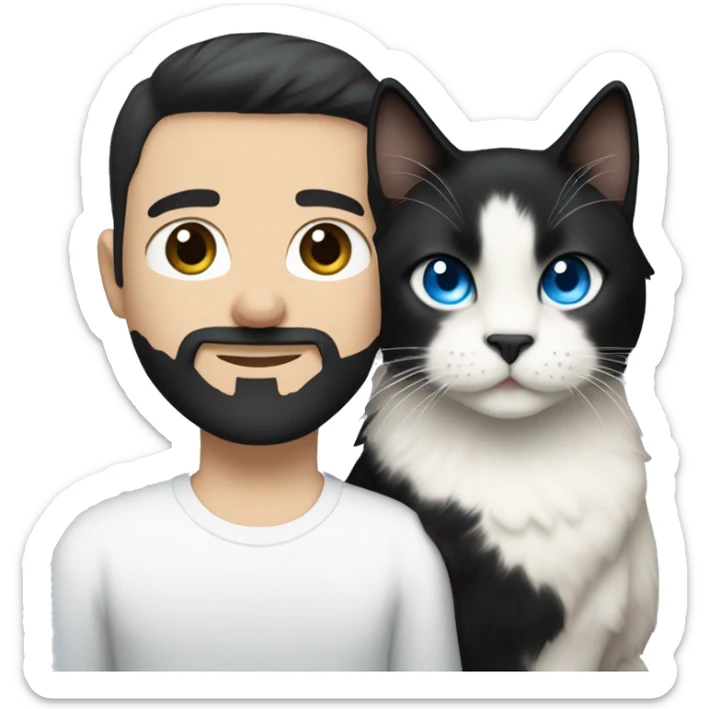 A guy with a black earing and black short hair and black beard and holding a all white Siberian cat with blue eyes  sticker