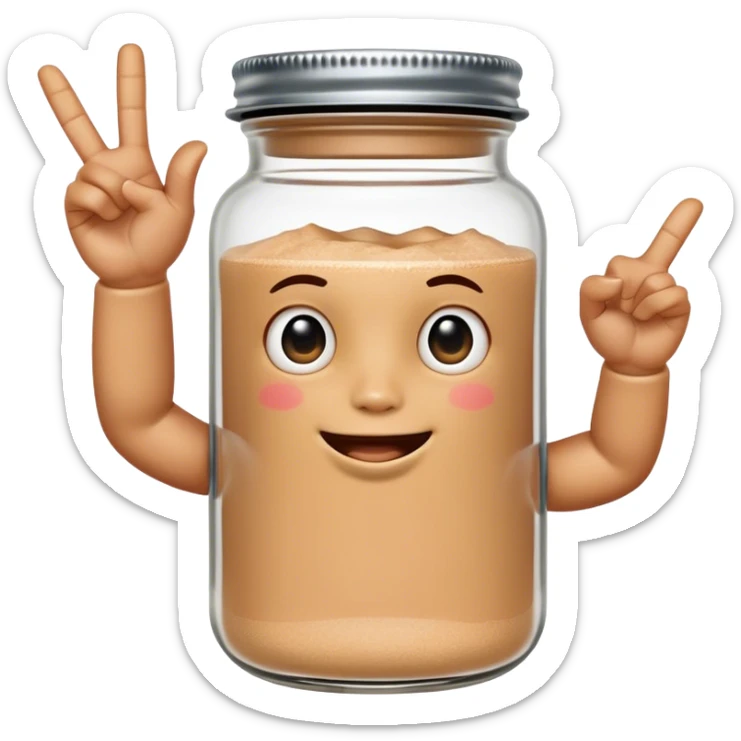 A cute anthropomorphic salt jar with transparent glass body and metal lid, raising both arms to form a "6" hand gesture with thumb and pinky extended on each hand sticker