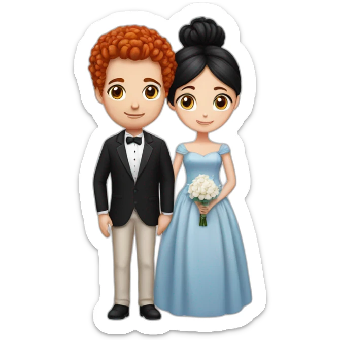 Red hair girl with blue eyes marrying a man with black hair bun sticker