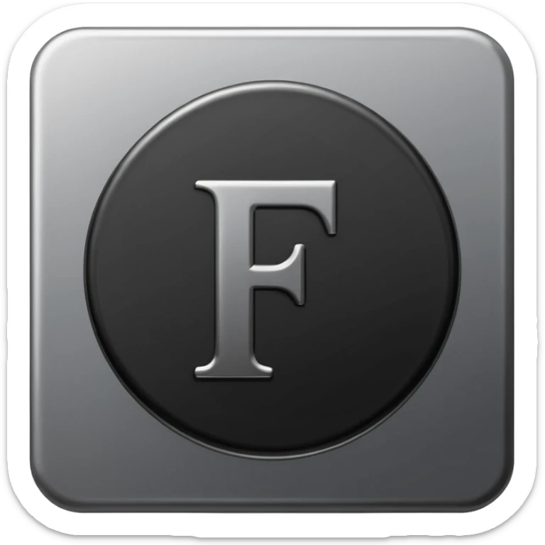 Emoji icon of a black coin with engraved letter F, minimalist style, isolated, no color sticker