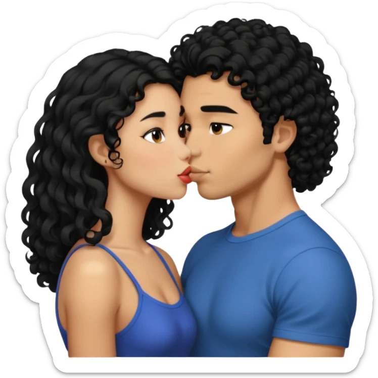 a strong man with short STRAIGHT black hair kissing a shorter girl with long black curly hair sticker