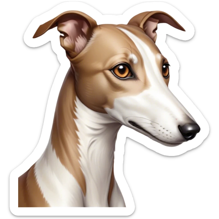 Cinematic Noble White and Brown Greyhound Portrait Emoji, Poised and regal, with a slender, aerodynamic build and a sleek Fur of pristine white accented by warm brown markings, deep-set soulful eyes, Simplified yet sharp and sophisticated features, highly detailed, glowing with a soft, dignified glow, high shine, intelligent and agile, stylized with an air of elegance, focused and attentive, soft glowing outline, capturing the essence of a watchful and swift companion, so majestic it feels as though it could dash out of the screen with effortless authority! sticker