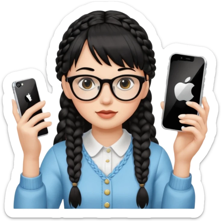 Black hair is braided to one side, braided to the left, and full bangs, wearing horn-rimmed glasses, holding an iPhone white color and taking a mirror selfie so that Apple logo comes out sticker