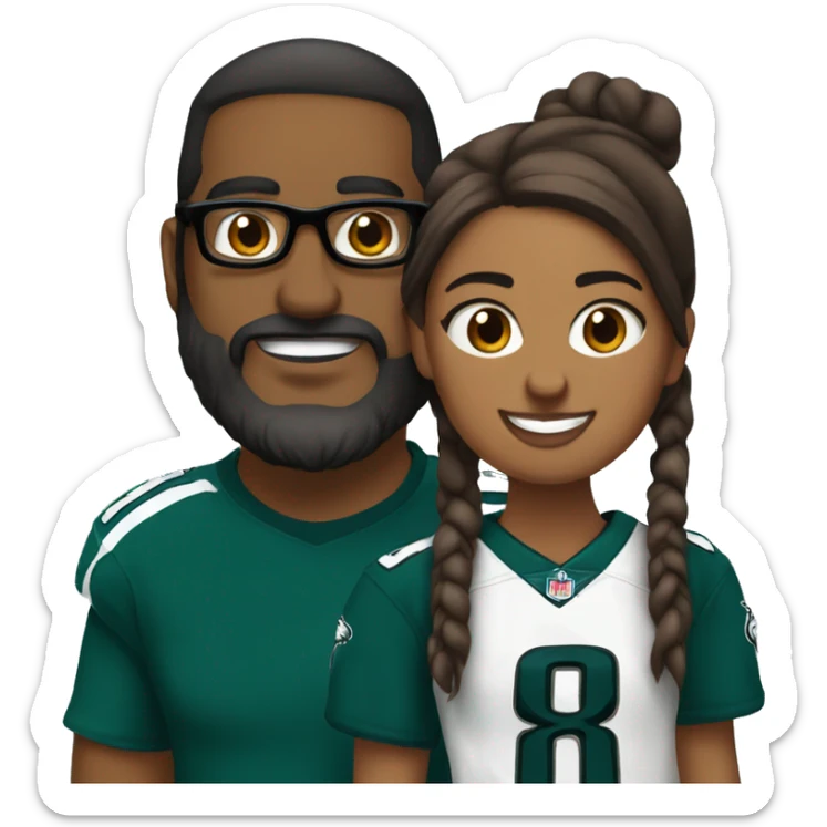 Brown guy with a beard and mustache holding a brown girl wearing glasses and hair in a bun wearing Philadelphia eagles clothing sticker