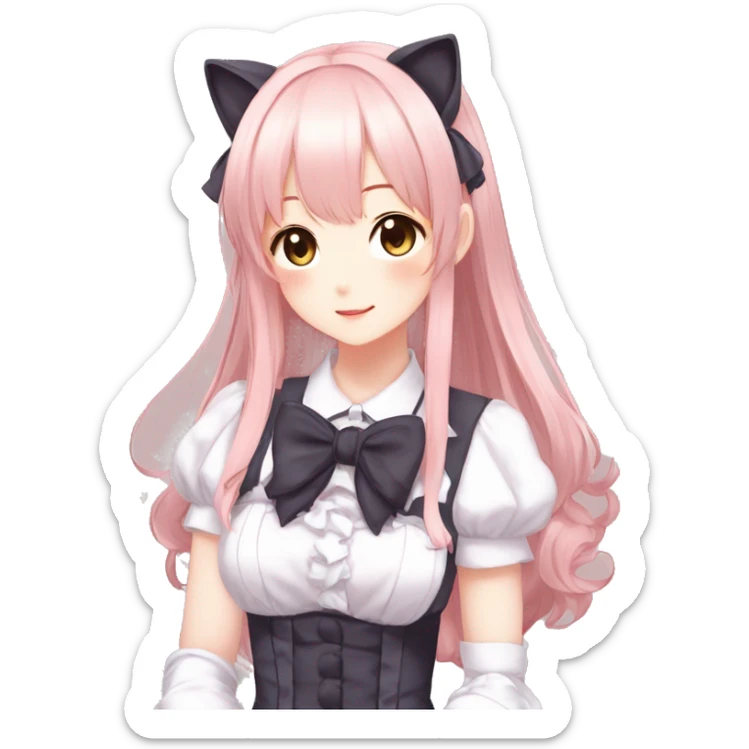 Gorgeous anime style catgirl with blushing face with maid outfit bow tie idol model kawaiicore pearly petite simplistic aesthetic trending style sticker