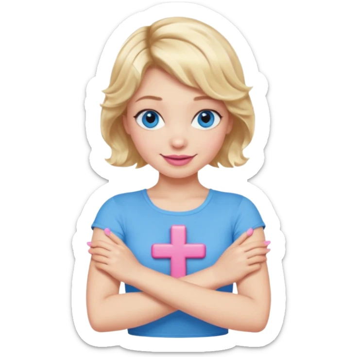 Girl Blonde short wavy hair,  blue eyes, cute blue top, long lashes, pink lips, smiling, making cross arms with arms  sticker